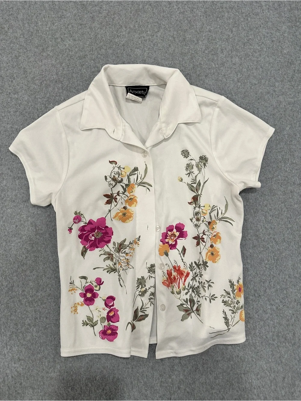 Anxiety White Button-Down Polo Shirt with Pink and Yellow Floral Print - Picture 2 of 8